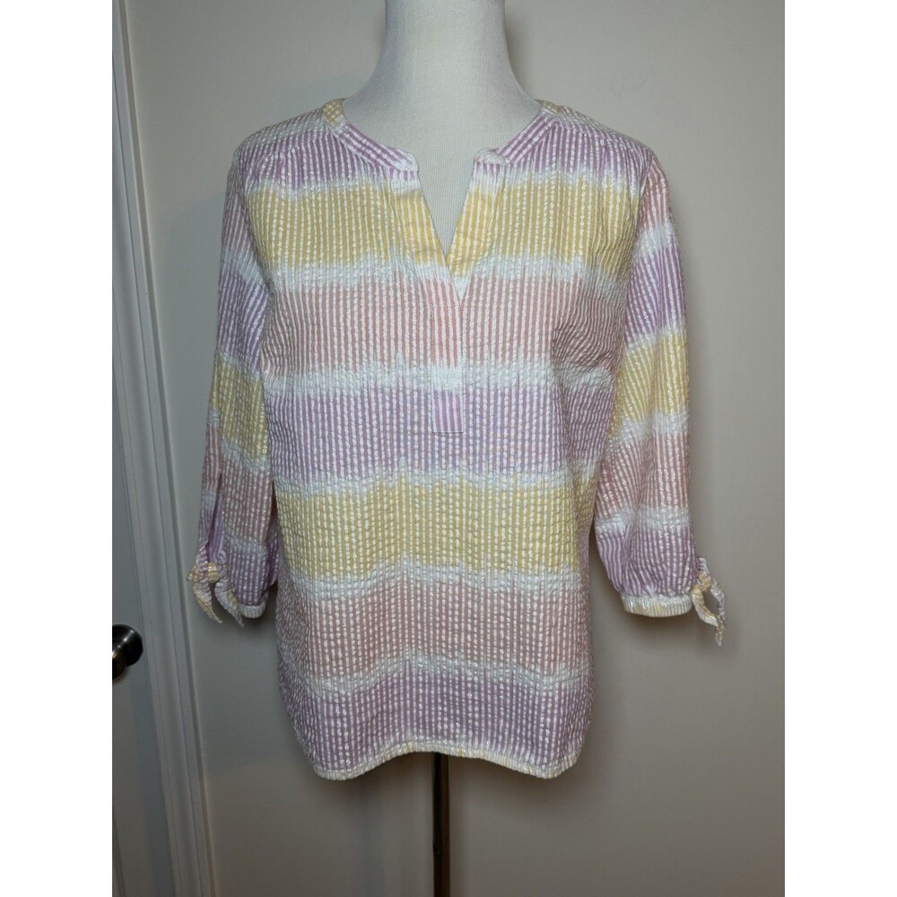 Chicos Striped Seersucker Top Women’s Size L (2) 3/4 Sleeves Pastel Summer